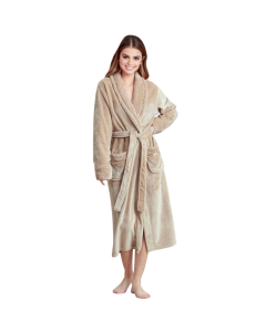 Women Plush Shawl Collar Robe, Fleece Bathrobe-Beige-Small/Medium