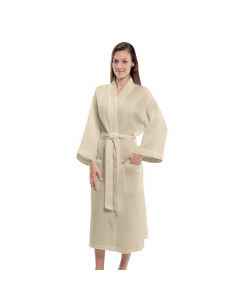 Mid Calf Length Waffle Weave Kimono Easy Fit Robe-One Size-Beige